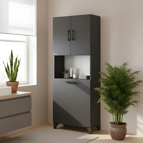 Armadio lavanderia 60x154h cm con cesto porta biancheria 2 ante e vano a giorno antracite Klara