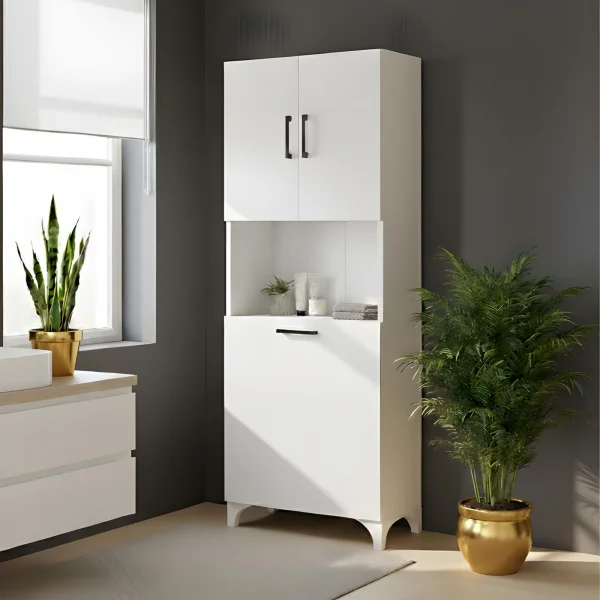 Armadio lavanderia 60x154h cm con cesto porta biancheria 2 ante e vano a giorno bianco Klara