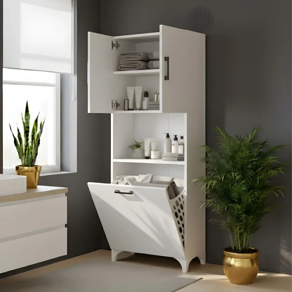 Armadio lavanderia 60x154h cm con cesto porta biancheria 2 ante e vano a giorno bianco Klara