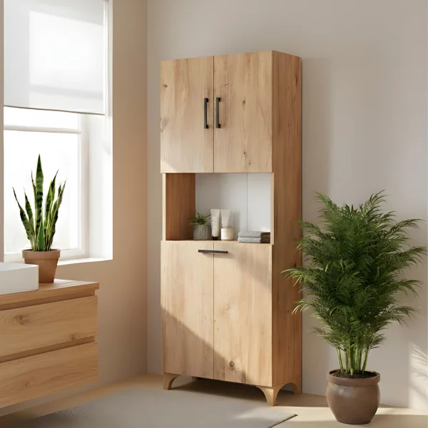 Armadio lavanderia 60x154h cm con cesto porta biancheria 2 ante e vano a giorno rovere rustico Klara