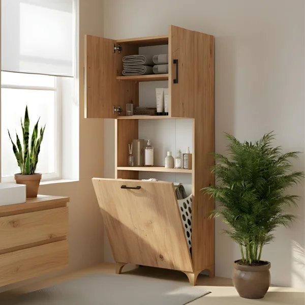 Armadio lavanderia 60x154h cm con cesto porta biancheria 2 ante e vano a giorno rovere rustico Klara
