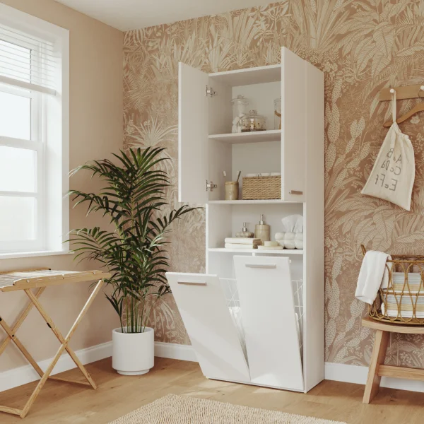 Armadio lavanderia 60x174h cm con 2 cesti porta biancheria e 2 ante bianco Grangy