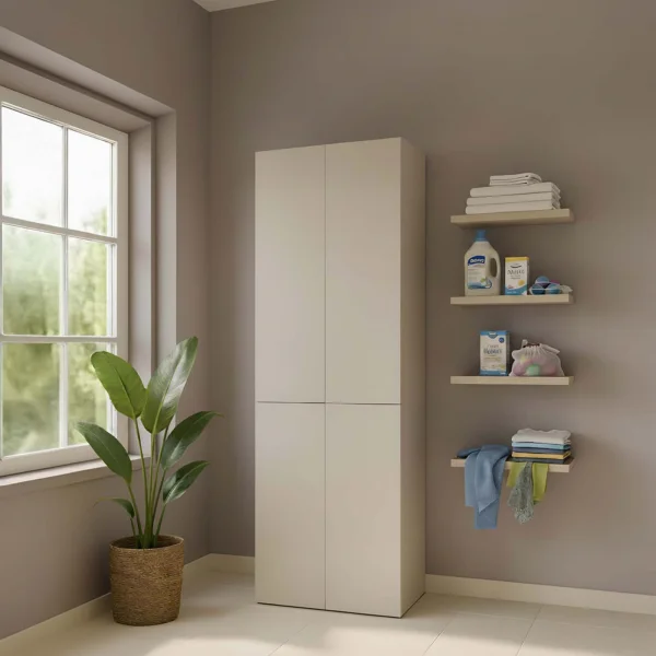 Armadio lavanderia 60x174h cm con cesto porta biancheria e 3 ante beige cashmere Melanie