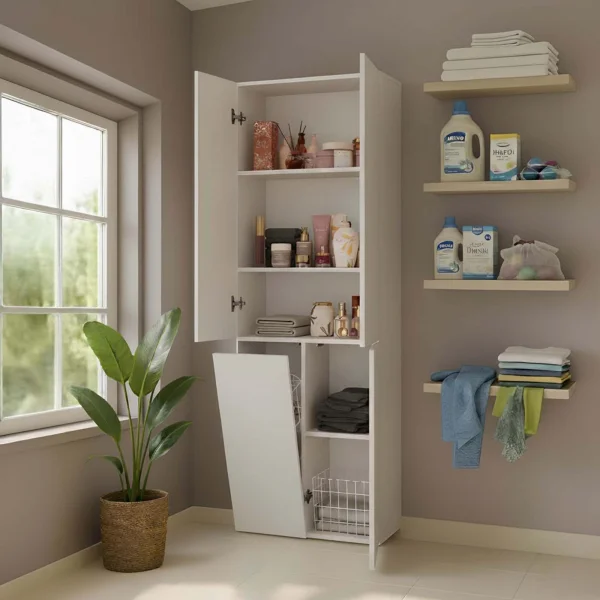 Armadio lavanderia 60x174h cm con cesto porta biancheria e 3 ante beige cashmere Melanie