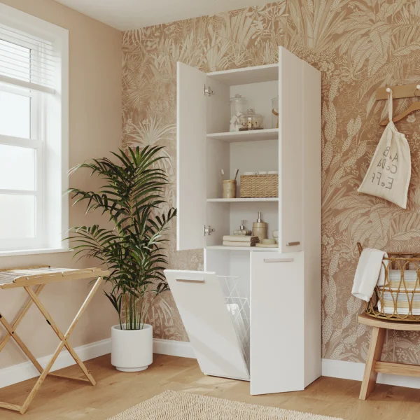 Armadio lavanderia 60x174h cm con cesto porta biancheria e 3 ante bianco Grangy