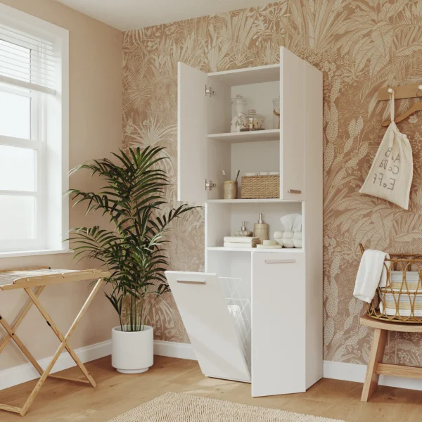 Armadio lavanderia 60x174h cm con cesto porta biancheria e 3 ante e vano a giorno bianco Grangy