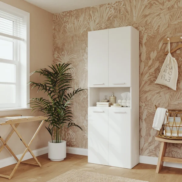 Armadio lavanderia 60x174h cm con cesto porta biancheria e 3 ante e vano a giorno bianco Grangy