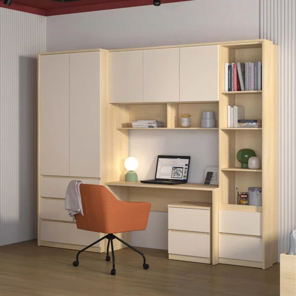 Armadio per cameretta 251x215h cm con scrivania beige cashmere rovere Elvira