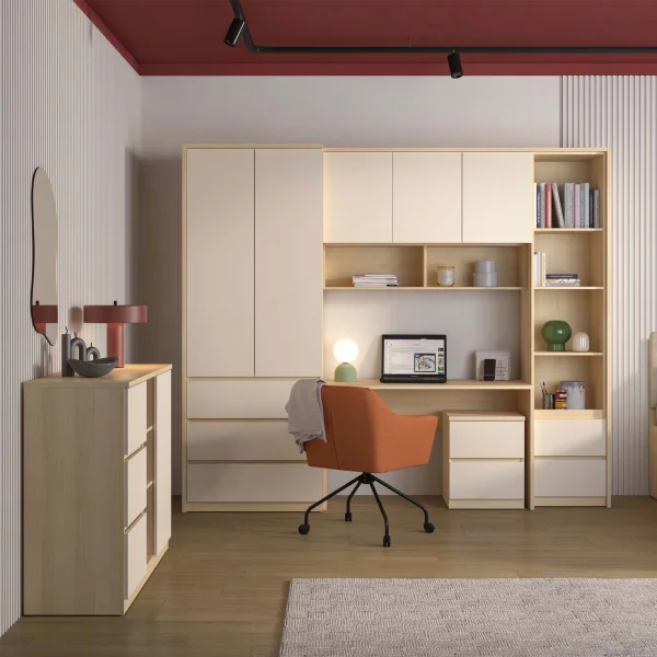 Armadio per cameretta 251x215h cm con scrivania beige cashmere rovere Elvira