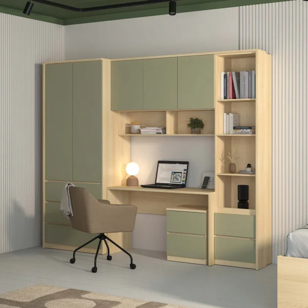 Armadio per cameretta 251x215h cm con scrivania e libreria verde salvia rovere Elvira