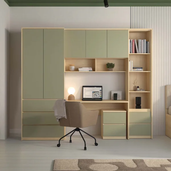 Armadio per cameretta 251x215h cm con scrivania e libreria verde salvia rovere Elvira