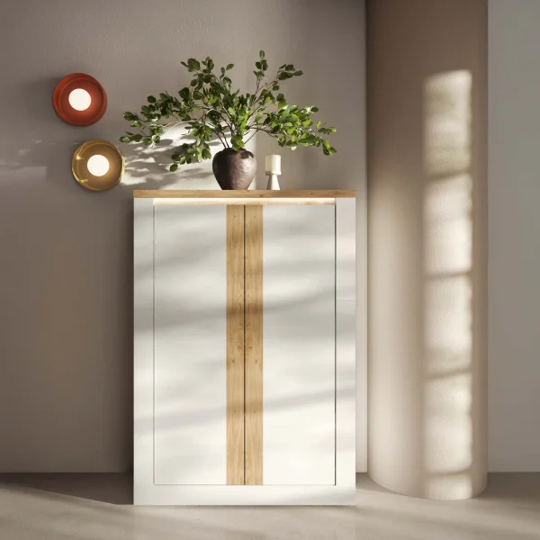 Armadio soggiorno 114x160h cm 2 ante con led bianco lucido rovere chiaro Istria