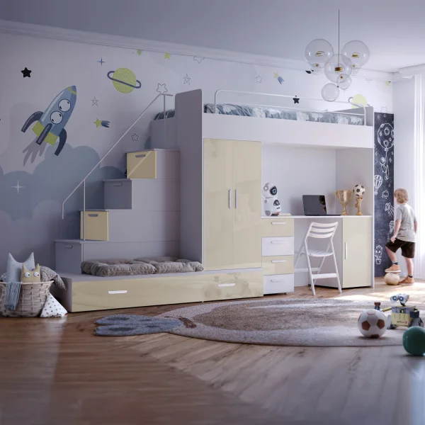 Cameretta bambini completa 2 letti singoli bianco beige lucido Diego Gihome®