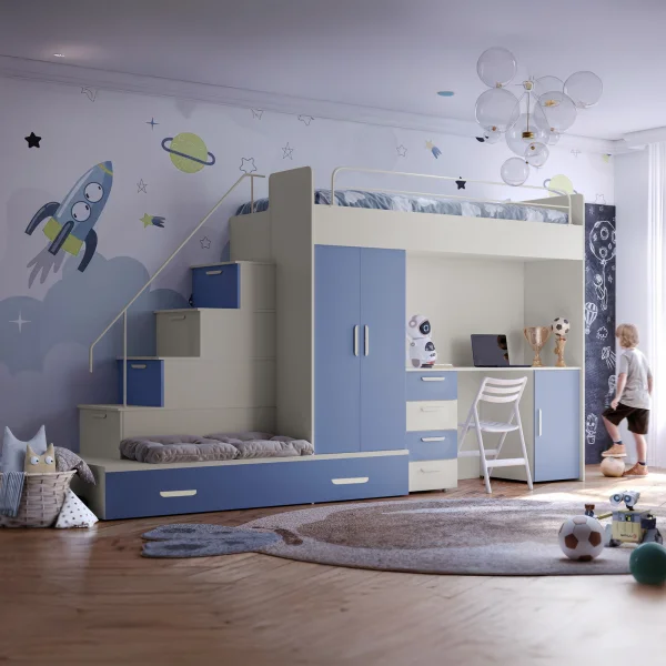 Cameretta bambini completa 2 letti singoli cashmere azzurro Diego Gihome®
