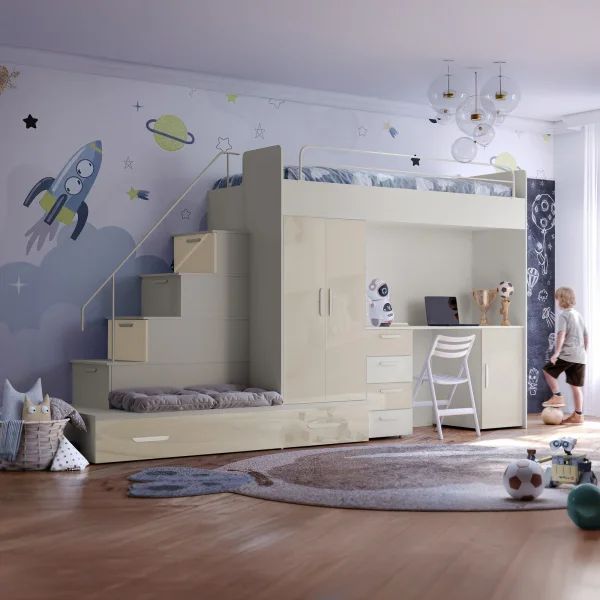 Cameretta bambini completa 2 letti singoli cashmere beige lucido Diego Gihome®