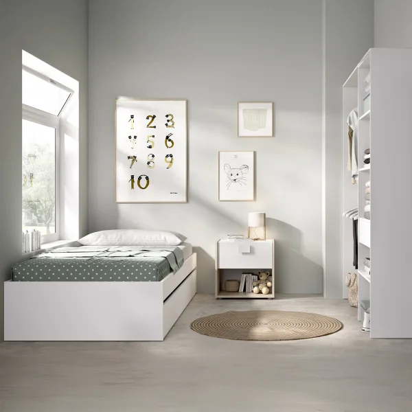 Cameretta bambini completa letto con cassettoni comodino e cabina armadio bianco rovere Bellix