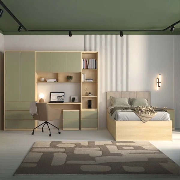 Cameretta per ragazzi con letto 120x200cm contenitore verde salvia rovere Elvira