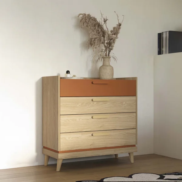 Cassettiera 90x90h cm 4 cassetti rovere rosso mattone Yu