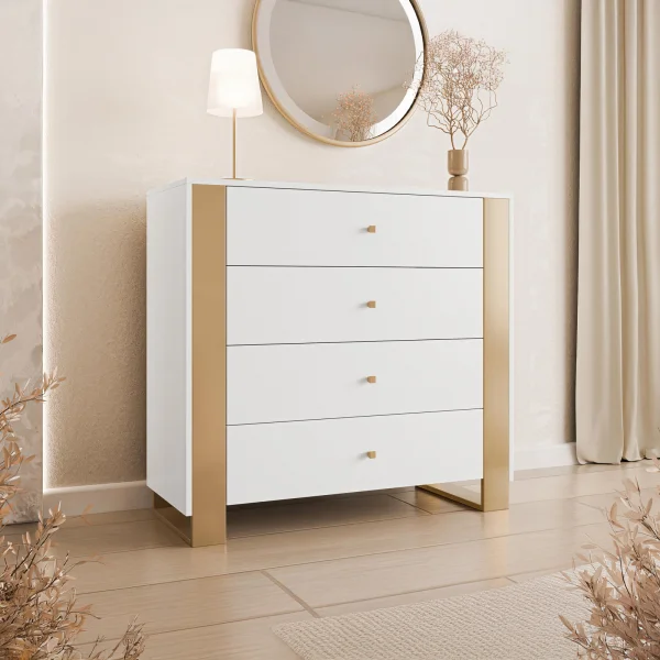Cassettiera moderna 100x94h cm 4 cassetti bianco oro Reflex