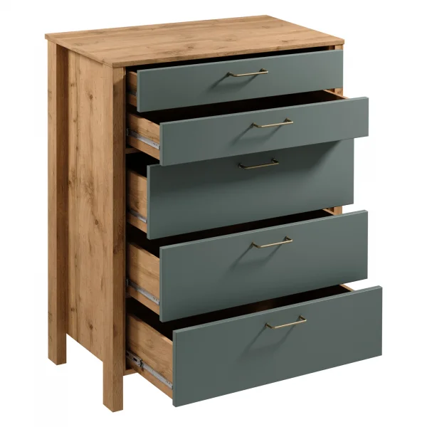 Cassettiera moderna 90x109h cm 5 cassetti rovere verde Leave