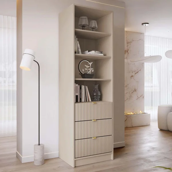 Colonna libreria 60x180h cm 3 cassetti design cannettato beige cashmere Athena