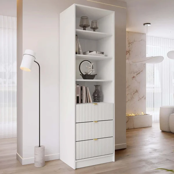 Colonna libreria 60x180h cm 3 cassetti design cannettato bianco Athena