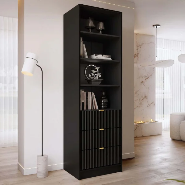 Colonna libreria 60x180h cm 3 cassetti design cannettato nero Athena