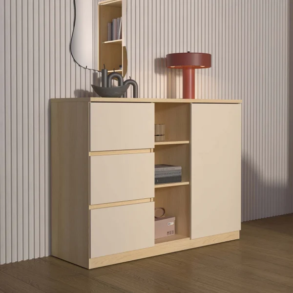 Comò 120x93h cm 1 anta 3 cassetti 3 vani a vista beige cashmere rovere Elvira