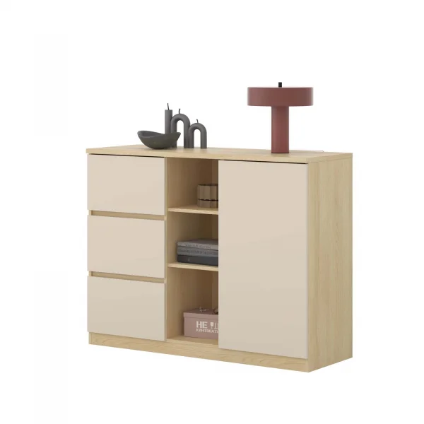 Comò 120x93h cm 1 anta 3 cassetti 3 vani a vista beige cashmere rovere Elvira