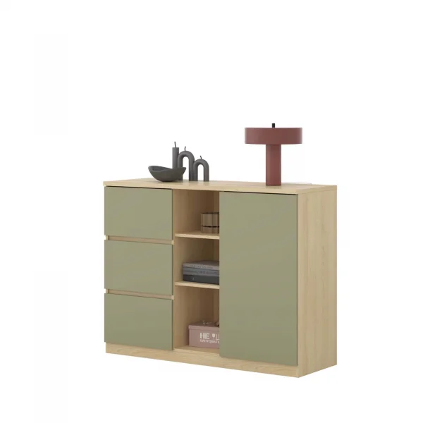 Comò 120x93h cm 1 anta 3 cassetti 3 vani a vista verde salvia rovere Elvira