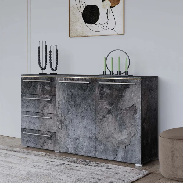 Comò 135x81h cm 2 ante 4 cassetti ossido effetto pietra Frisk