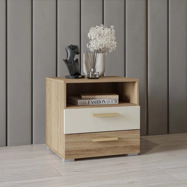 Comodino 46x45h cm 2 cassetti 1 vano a giorno rovere beige Ama