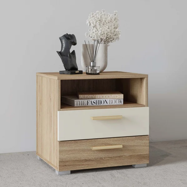 Comodino 46x45h cm 2 cassetti 1 vano a giorno rovere beige Ama