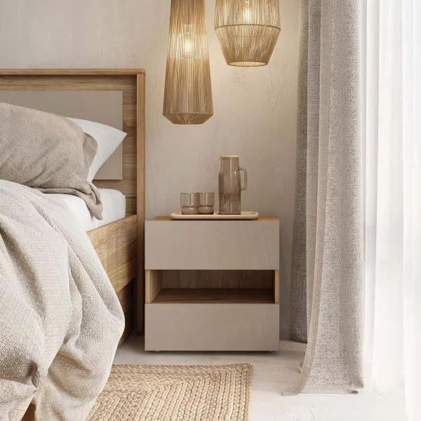 Comodino 46x45h cm 2 cassetti 1 vano a giorno rovere tortora Lise