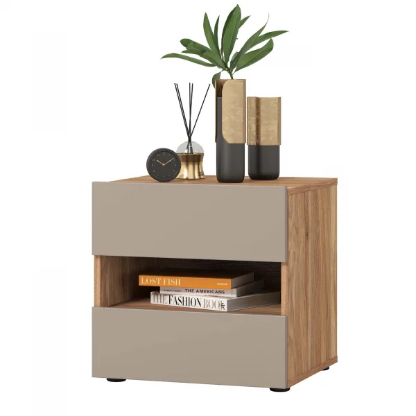 Comodino 46x45h cm 2 cassetti 1 vano a giorno rovere tortora Lise