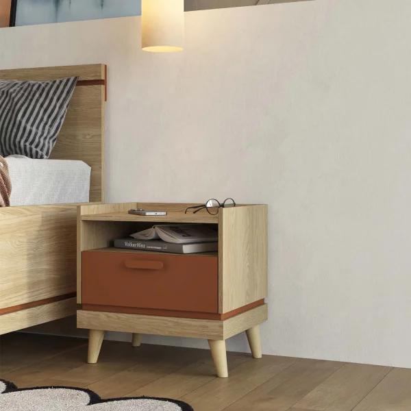 Comodino 50x51h cm 1 cassetto 1 ripiano rovere rosso mattone Yu