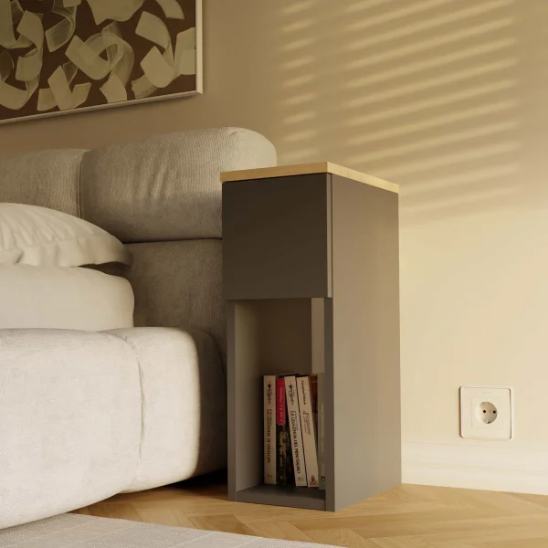 Comodino alto 20x55h cm 1 cassetto 1 vano a giorno antracite rovere Giacarta