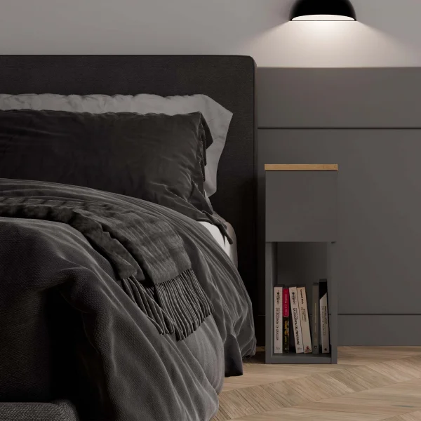 Comodino alto 20x55h cm 1 cassetto 1 vano a giorno antracite rovere Giacarta