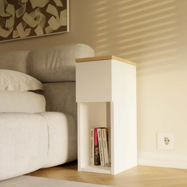 Comodino alto 20x55h cm 1 cassetto 1 vano a giorno bianco rovere Giacarta