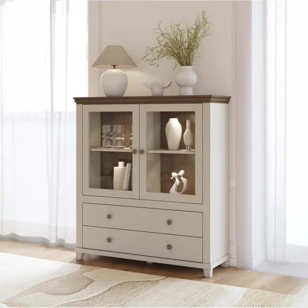 Credenza 126x138h cm 2 ante con vetrina 2 cassetti beige Texel