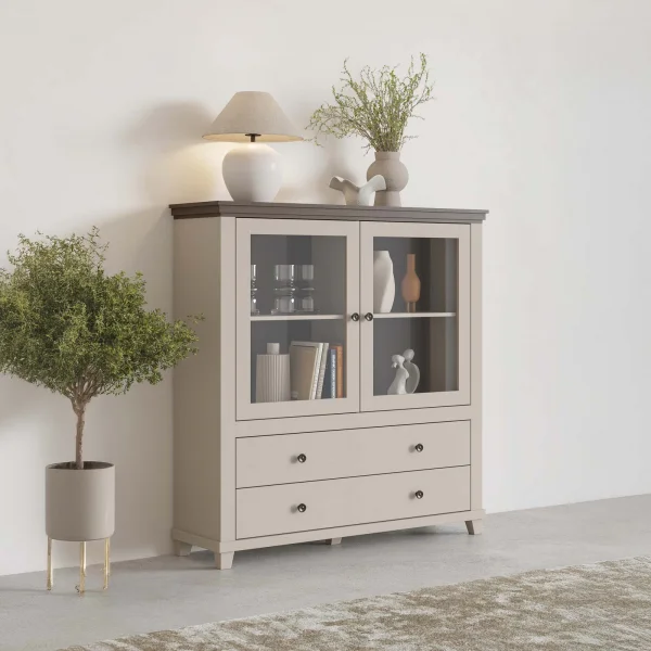 Credenza 126x138h cm 2 ante con vetrina 2 cassetti beige Texel