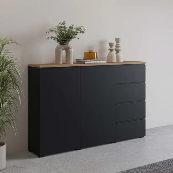 Credenza 150x100h cm 2 ante 4 cassetti nero rovere Ischia