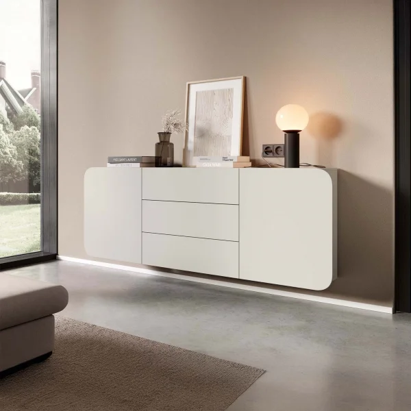 Credenza 180x70h cm sospesa 2 ante 3 cassetti beige Volia