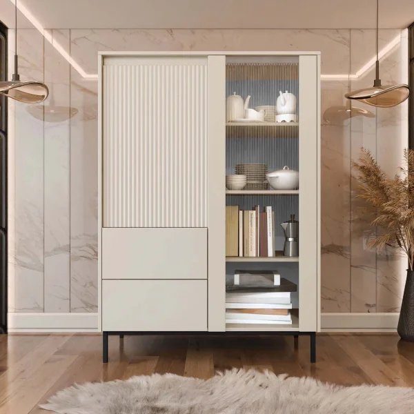 Credenza alta 104x146h cm 2 ante 2 cassetti design cannettato beige cashmere Strike