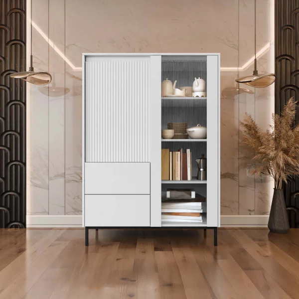 Credenza alta 104x146h cm 2 ante 2 cassetti design cannettato bianco Strike