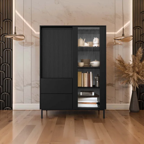 Credenza alta 104x146h cm 2 ante 2 cassetti design cannettato nero Strike