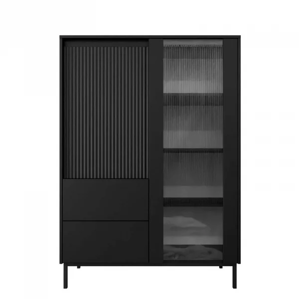 Credenza alta 104x146h cm 2 ante 2 cassetti design cannettato nero Strike
