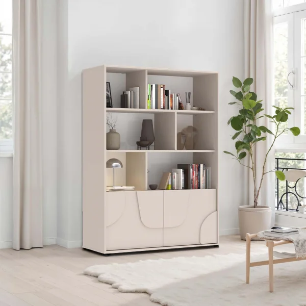 Credenza alta 105x141h cm 2 ante con vani a vista design in rilievo beige cashmere Sonia