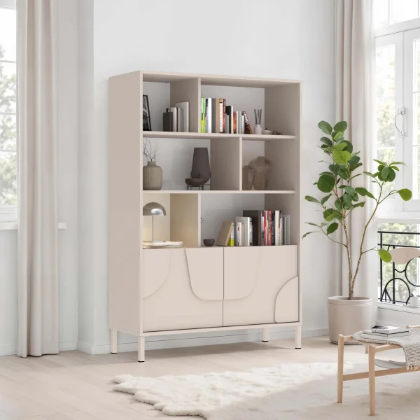Credenza alta 105x155h cm 2 ante con vani a vista design in rilievo con piedini beige cashmere Sonia