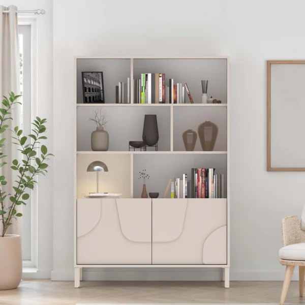 Credenza alta 105x155h cm 2 ante con vani a vista design in rilievo con piedini beige cashmere Sonia